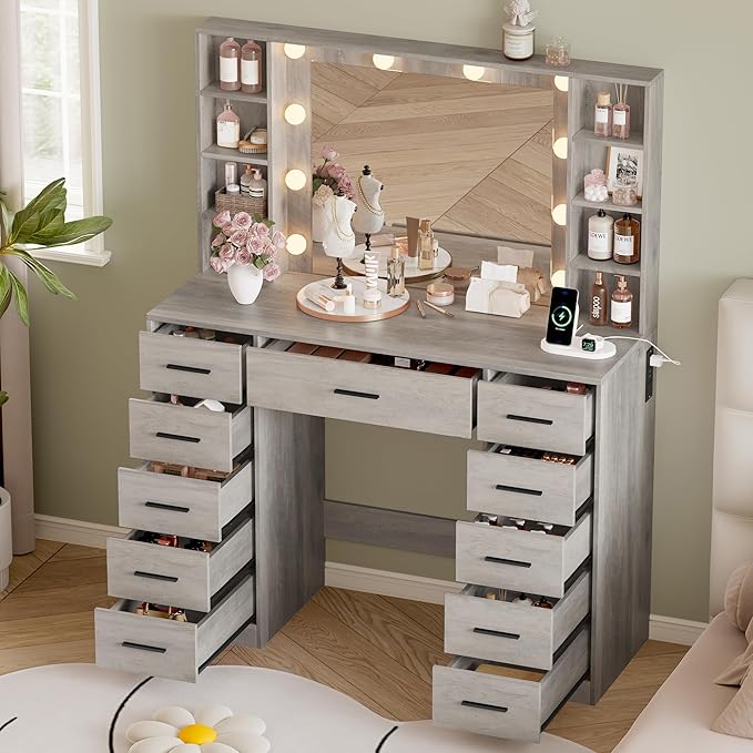 Makeup Vanity with Drawers, 43" Grey Vanity Desk with Mirror and Lights, 11 Drawers & 4 Shelves, Power Outlet & Adjustable LED Lights, Dressing Table for Women & Girls Bedroom