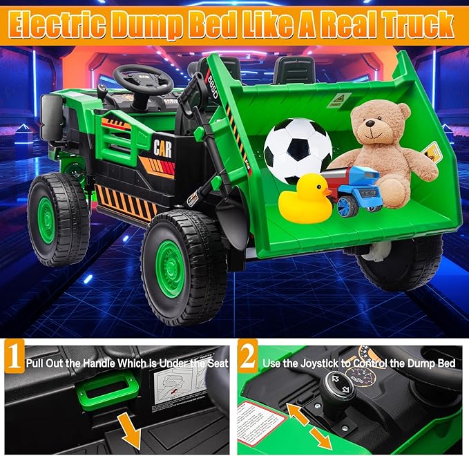 12V 10AH 2-Seater XL Kids Ride on Truck Electric Toy Car with Electric Dump Bed and Extra Shovel, Parents Remote Control, Up to 4Mph, 19.4" Spacious 2 Seats for Boys and Girls Ages 3+, Geen