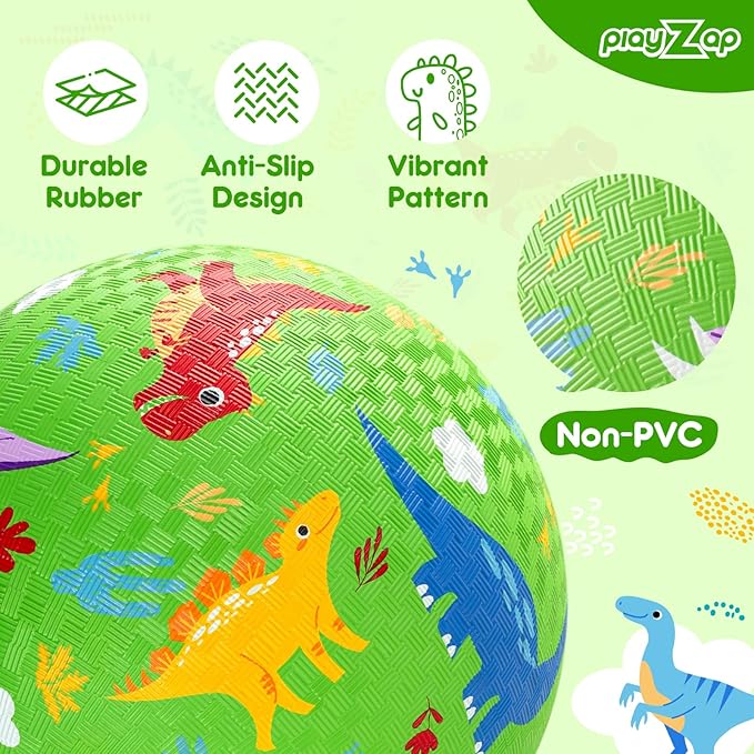 PlayZap 2 Pack Playground Balls for Kids, Dinosaur Kickballs for Toddlers 1-8, 8.5 in Rubber Balls with Pump, Indoor & Outdoor Dodgeball Toys for Boys & Girls Gifts