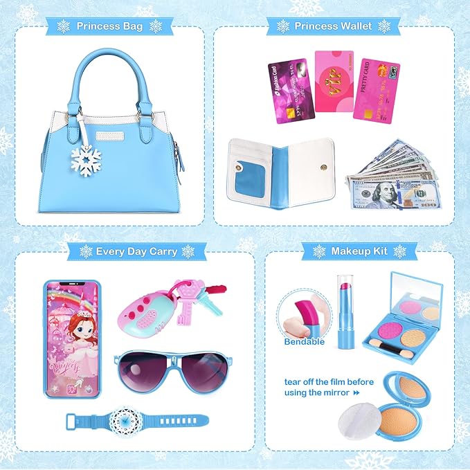 Shemira Play Purse for Little Girls, Princess Pretend Toys for Girls 3 4 5 6 7 8 Years Old, Christmas & Birthday Gift for Kids Age 3-5 4-6 6-8, Toddler Purse with Accessories, Kids Toy Purse, Blue