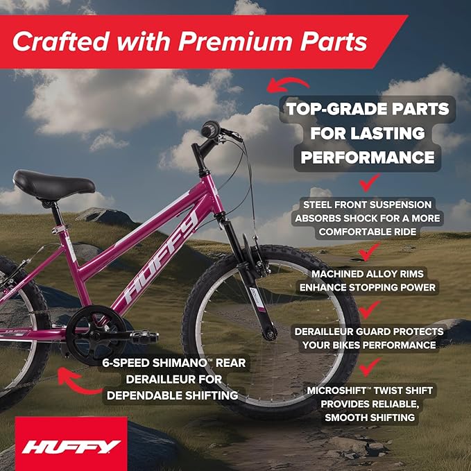 Huffy Stone Mountain Hardtail Mountain Bike for Boys/Girls/Men/Women, 20"/24"/26" Sizes, 6 or 21 Speed Shimano Twist Shifting, Front or Dual Suspension, Comfort Saddle, Sleek Colors