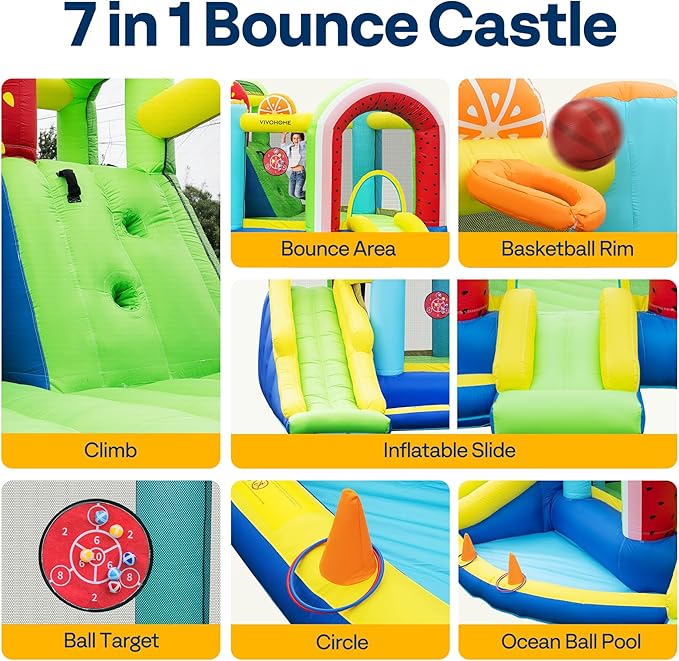VIVOHOME 7 in 1 Bounce House for Kids, Fruit Theme Inflatable Bouncy Castle with Slide, 12x12 FT Inflated Bouncer for Outdoor with Blower, Basketball, Climb, Jump Area, Ball, Water Pool, Hoop