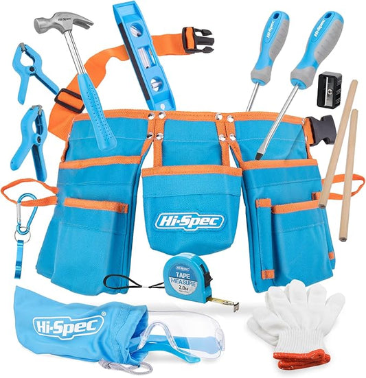Hi-Spec 16pc Blue Kids Tool Kit Set & Child Size Tool Belt. Real Set for DIY Building, Woodwork & Construction Learning for Kids