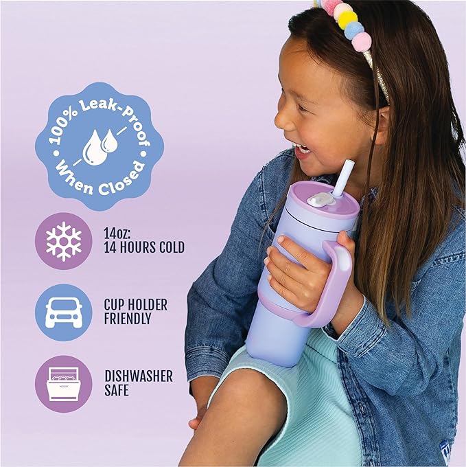 Ello Oasis 14oz Stainless Steel Toddler Tumbler with Handle & Retracting Straw, 100% Leakproof, Double-Wall Vacuum Insulated, Kids Water Bottle for School, BPA Free, Dishwasher Safe, Lavender Fields