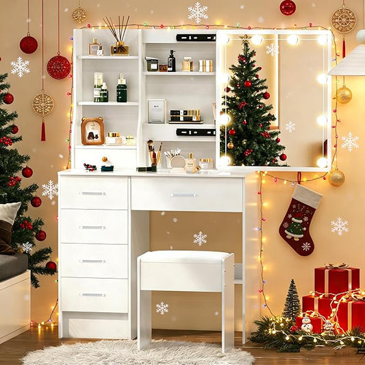 Vanity Desk with Sliding Mirror and Lights, White Vanity Set with Lighted Mirror and Stool, 3-Color Adjustable Brightness Lights, USB Port, Drawers, Makeup Vanity for Bedroom, Girls & Women Gifts