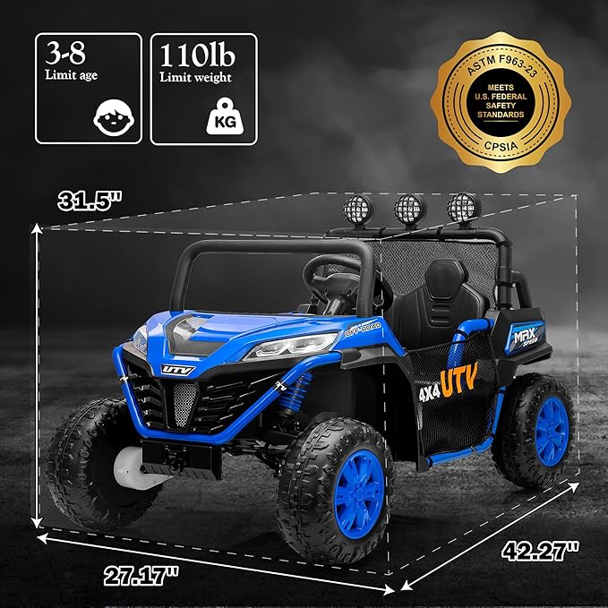 24V 2 Seater Ride on UTV Car, 4WD Ride on Toys for Kids with Remote Control, Shock Absorbers, LED Lights, Music, Off-Road Electric Car for Kids Boys Girls (Blue)