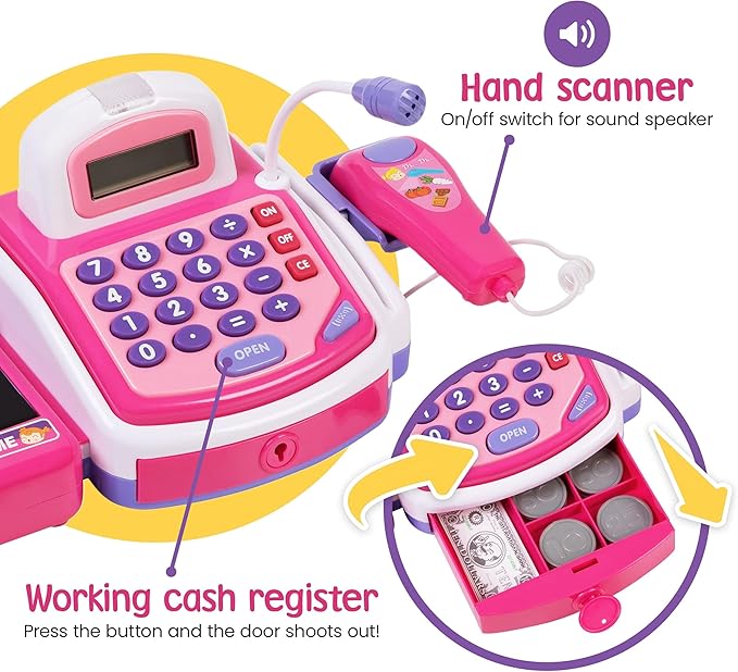 Prextex Grocery Store Pretend Play Electronic Toy Cash Register Set - STEM Cash Register for Kids with Microphone, Play Money, and Food Basket - Kids Checkout Toys with Scanner- Pink