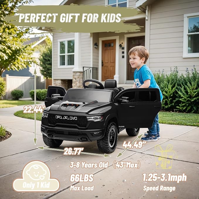 Ram 1500 Ride on Toys for Kids 4-8, Ride on Pickup Truck for Toddlers with Remote Control,12V Battery Powered Car with Trunk, Bluetooth, Music, Safety Belt (Black)