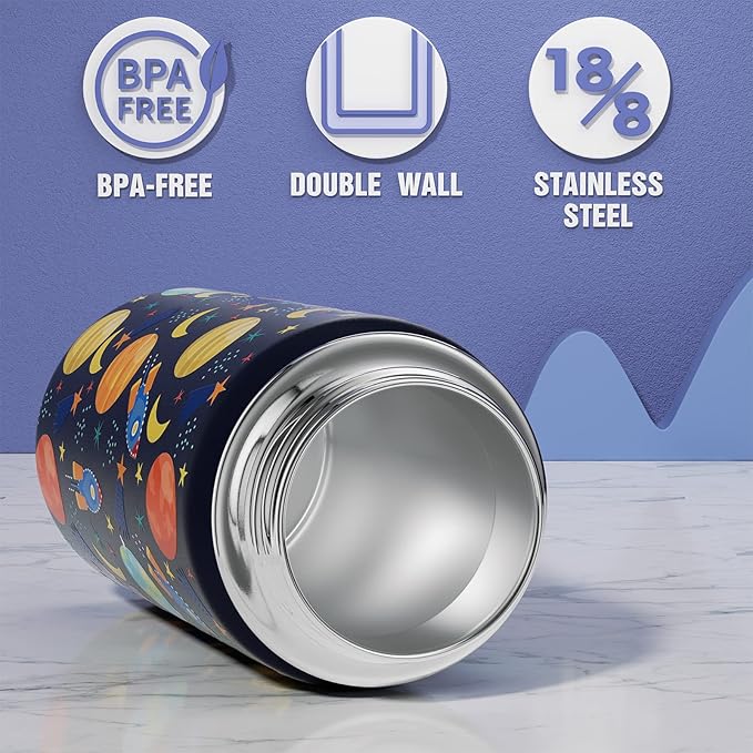 Fimibuke Kids Insulated Water Bottle, 14oz BPA FREE Double Wall Vacuum Tumbler 18/8 Stainless Steel Leak Proof Kids Cups with Straw Metal Water Bottle for School Boy Girl(2 Pack, SPACE/BLUE DINOSAUR)