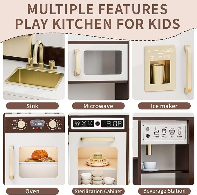 Kids Kitchen Playset with Lights & Sounds, Wooden Corner Play Kitchen with Sink,Oven, Ice Maker & Pretend Play Accessories, Educational Toy Kitchen Set for Toddlers, Coffee