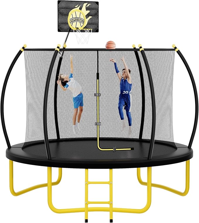 16FT Pumpkin Trampoline for Kids Adults, ASTM Approved Outdoor Recreational Trampoline with Basketball Hoop, Enclosure Net, Yellow