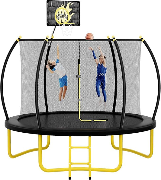 16FT Pumpkin Trampoline for Kids Adults, ASTM Approved Outdoor Recreational Trampoline with Basketball Hoop, Enclosure Net, Yellow