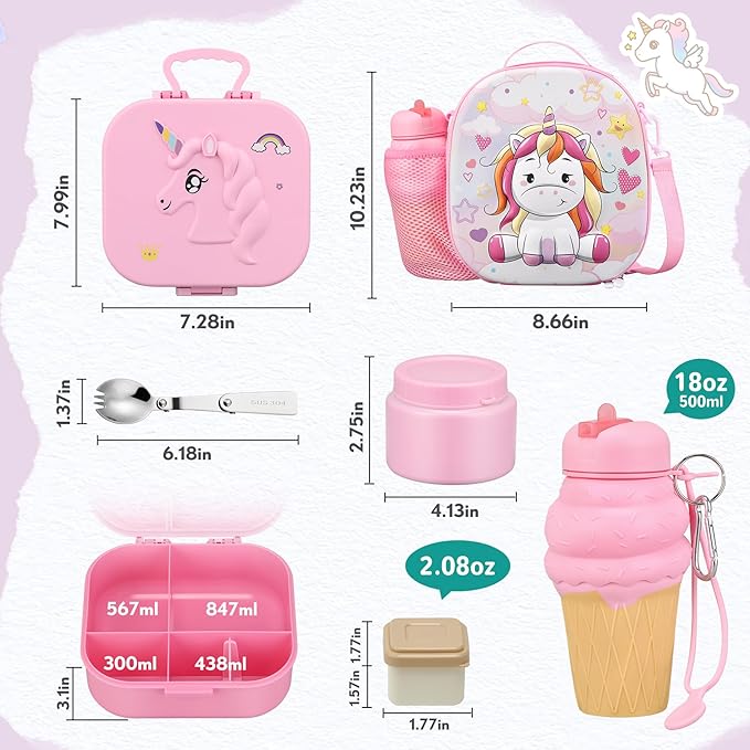 Kids Bento Lunch Box with 12oz Soup Thermo, Kids Leakproof Lunch Food Containers with 4 Compartment,Insulated Hot Food Jar with Lunch Bag for School, Travel (Pink+Pink Jar)