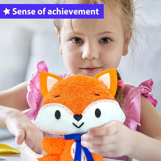 KRAFUN Fox Animal Sewing Kit for Kids Beginner My First Art & Craft, Includes Fox Doll Stuffed Animal, Instructions & Plush Felt Materials for Learn to Sew, Embroidery, Age 7 8 9 10 11 12