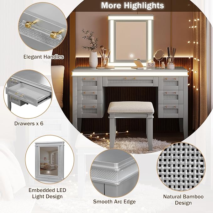 LUMISOL Makeup Vanity Desk with Mirror and Lights, 3 Lighting Modes, 48" Vanity Table with 7 Bamboo Weave Drawers, Dressing Table Set with Cushioned Stool, Grayish Blue