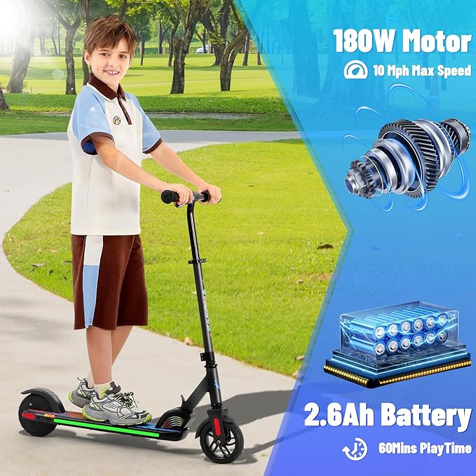 Caroma Electric Scooter for Kids Ages 6-14, 180W/150W Motor & 10 Mph, 85 Mins Ride Time, Adjustable Height & Speed, LED Display & Colorful Lights, Kids Electric Scooter, Best Gifts for Girls and Boy