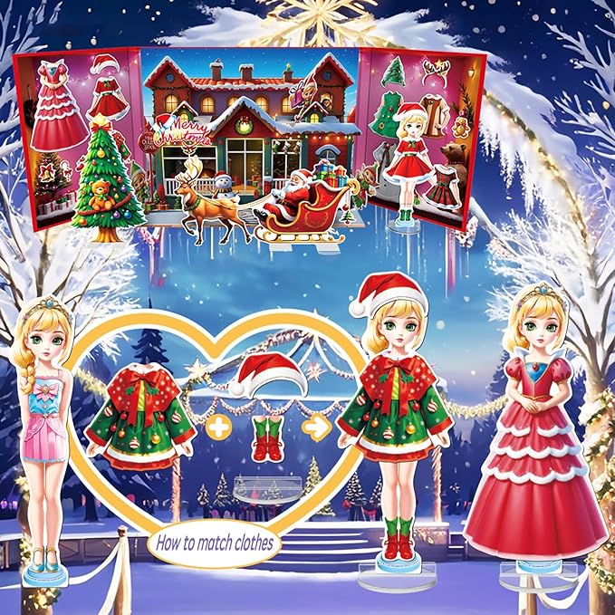 Christmas Magnetic Dress Up Dolls for Girls, Santa's Helper & Elf Princess Dress Up Toy Set with 3D Winter Scene, Travel Christmas Activity, Perfect Holiday Birthday Gift for Toddler Girls Ages 3-7