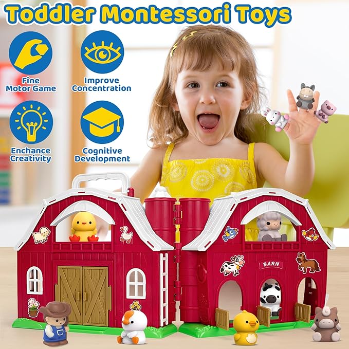 KMUYSL Toys for 1+ Years Old Boys Girls, Big Red Barn Farm Animal Playset for 1-3 Years Old, Learning Montessori Toys, Christmas Easter Birthday Gift for Baby Kids Toddlers Age 12+Months