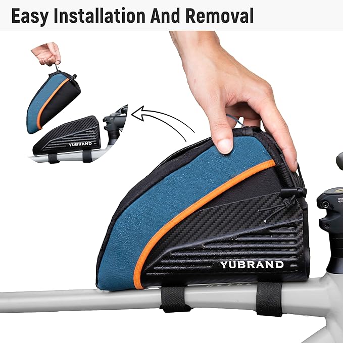 Removable Bike Frame Bag, Top Tube Bike Bag, Compatible With IPhone 16/15/14Pro and Phones Up To 6.9'', Waterproof, 1L, Blue, Geometric Pattern, 8.66 x 4.3 x 3.9 inches