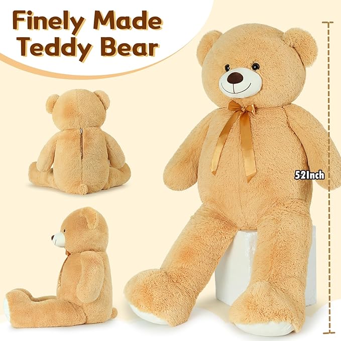 Tezituor 52in Giant Teddy Bear Stuffed Animal, Light Brown Big Teddy Bears Plush Gifts for Girlfriend, Kids, Life Size Large Cute Soft Bear Plush Toys Gift for Valentine’s Day, Christmas, Birthday