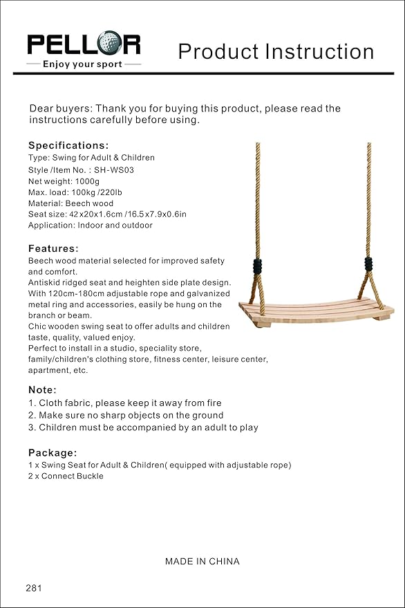 PELLOR Beech Wood Tree Swing Seat Hanging Swing Seat 16.5"x 7.9"x 0.6", Adjustable Rope Tree Swings Set for Kids Children Swings Chair Indoor and Outdoor Garden Play