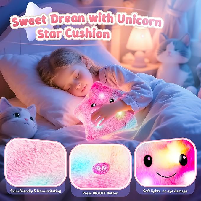 13PCS Unicorn Cat Toys Gifts for Girls 4-6 7 8 9 10 Years Old, Girls Birthday Gifts Set with Light Up Star Pillow DIY Water Bottle Kits, for Daughter Niece Christmas Birthday Baskets for Kids