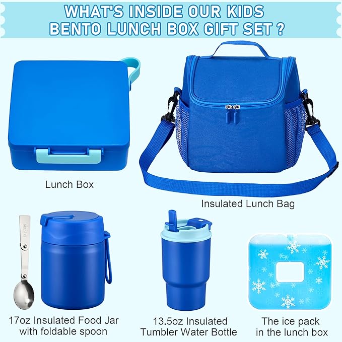Bento Lunch Box for Kids with 17oz Soup Thermo,Insulated Tumbler Water Bottle and Insulated Lunch Bag,Leak-Proof 3 Compartment Lunch Food Container with Ice Pack for Kids to School-Blue