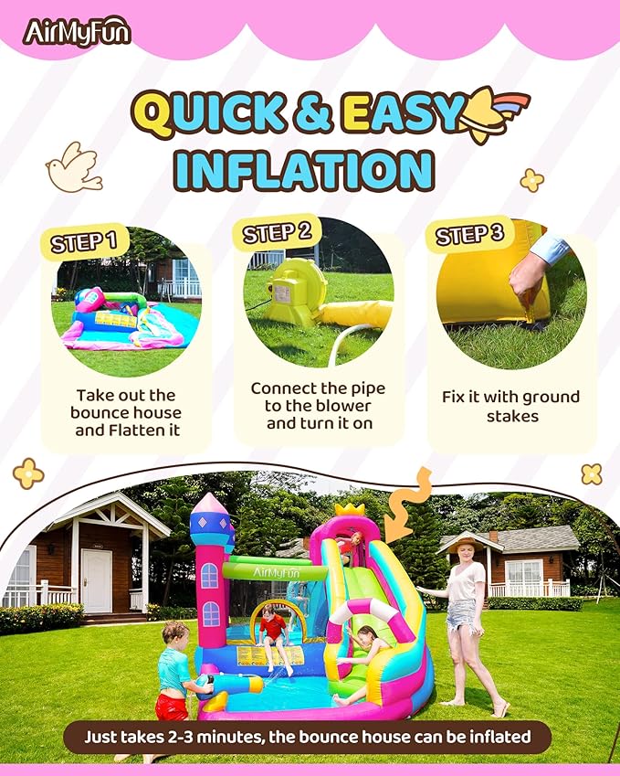 AirMyFun Inflatable Water Slide Pink Princess Bounce House for Big Kids 8-12 with Long Slide and Spray Water Gun for Kids Backyard Inflatable Bouncy Castle