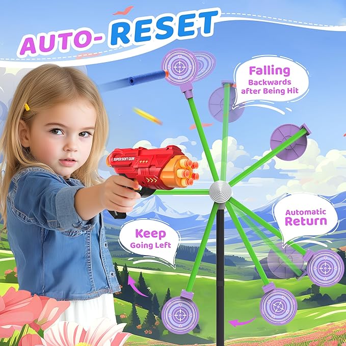 2-Player Shooting Game Toy, Foam Dart Toy Gun with Auto Reset Rotating Shooting Target, Ideal Gift for Kids Ages 6,7,8,9,10+ Pink