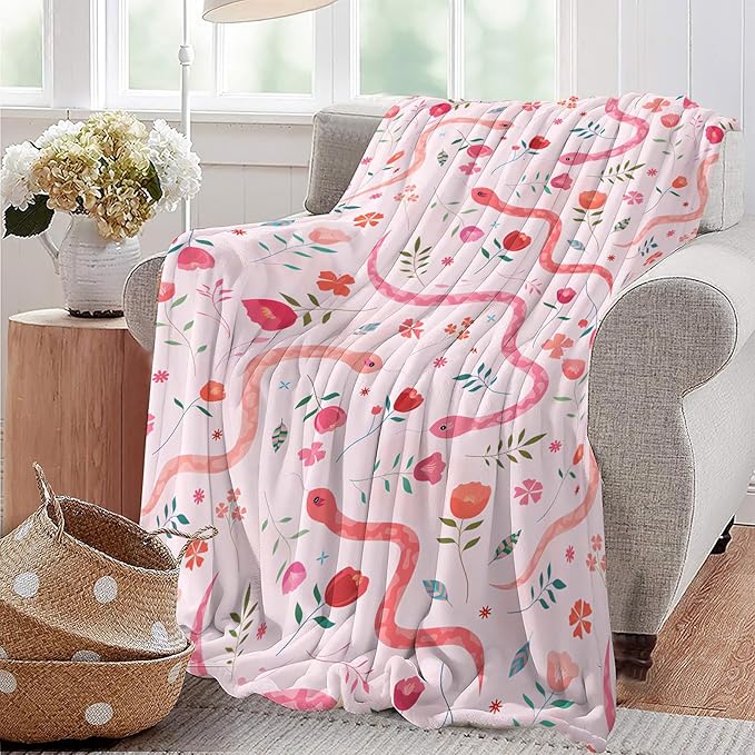 Cute Snake Reptile Blanket Ultra Soft Cozy Pink Flower Snake Throw Blanket Fleece Fuzzy Plush Bedding Blanket Real Snake Lovers Gifts for Women Girls Kids Adults Couch Sofa 50"x40"