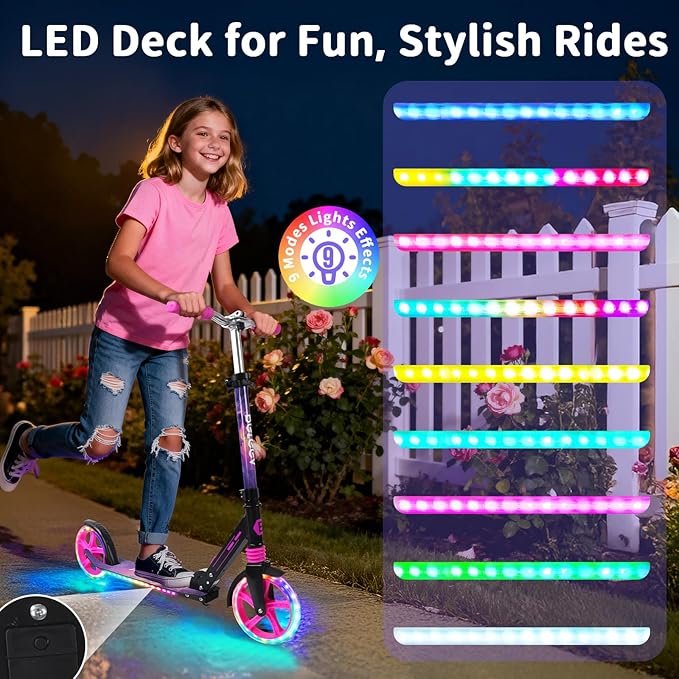 BELEEV V5 Plus Scooters for Kids Ages 6+, Teens with Light-Up Wheels & Deck, 2 Wheel Folding Lightweight Sport Scooter with 4 Adjustable Height, 8-inch Big Wheels, Carry Strap, Max Load 220 lbs