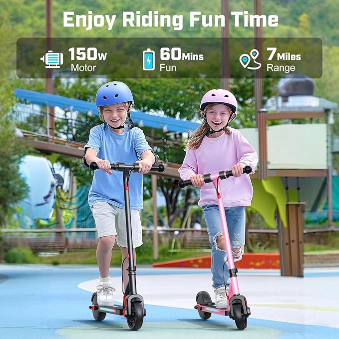 Caroma Electric Scooter for Kids Ages 6-14, 180W/150W Motor & 10 Mph, 85 Mins Ride Time, Adjustable Height & Speed, LED Display & Colorful Lights, Kids Electric Scooter, Best Gifts for Girls and Boy