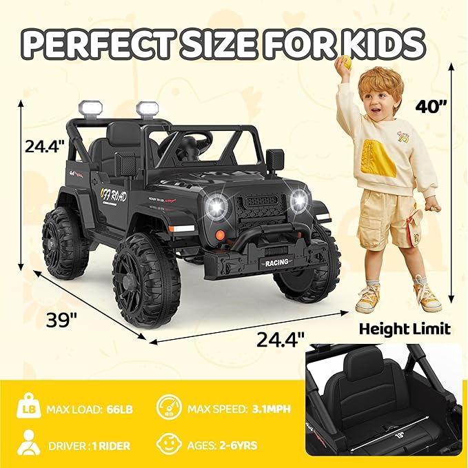 12V Ride On Truck Car with Remote Control, Kids Electric Vehicles with Bluetooth Music, Horn, 3 Speeds, 4 LED Lights, Soft Start, Ride on Toys for Toddler Boys & Girls (Black)