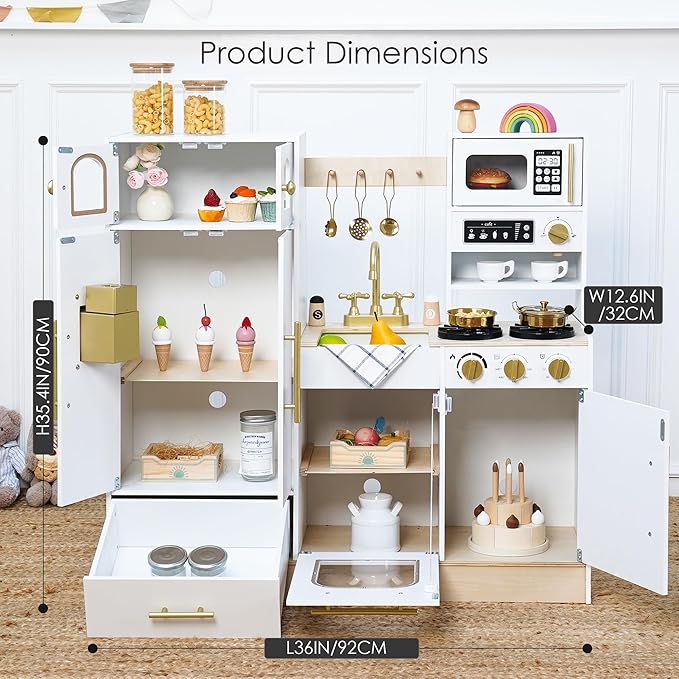 Wooden Play Kitchen Set - Realistic Pretend Play Kitchen with Stove, Sink, Coffee Maker & 11 Fun Accessories | Montessori Toy Kitchen for Toddlers Ages 3+