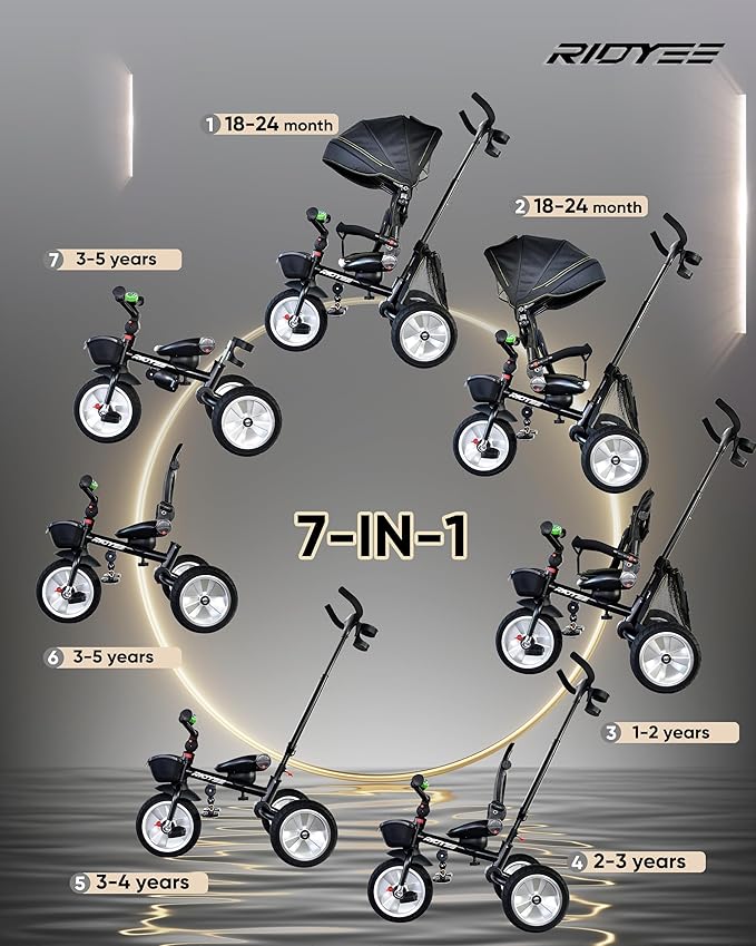 7-in-1 Folding Toddler Tricycle for 18 Months to 5 Years, Tricycle Stroller with Dual Brakes, All-Terrian Rubber Tire, Tricycle for Toddlers with Rotatable Seat, Adjustable Push Handle, Black