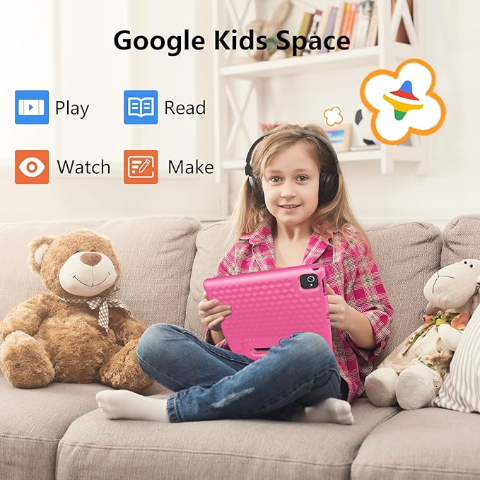10.1-Inch Kids Tablet, 8GB+64GB, Android 14, 8-Core CPU, Educational Apps, Parental Controls, WiFi, 1280x800 HD Display, Cameras, Shockproof, Long Battery Life