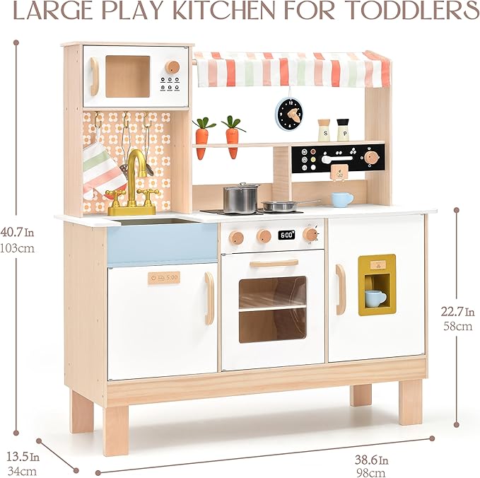 PairPear Wooden Play Kitchen for Kids, Pretend Play Toy Kitchen Set Coffee Maker, Ice Maker & Toy Food Accessories, Toddler Play Kitchen Gift for 3 Yeard and Up