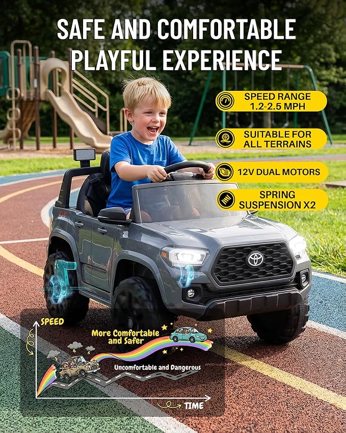 Blitzshark 12V Kids Ride on Car Licensed Toyota Tacoma Battery Powered Motorized Electric Vehicle, with Remote Control, Digital Display, Spring Suspension, Storage Space, Music & FM, Grey