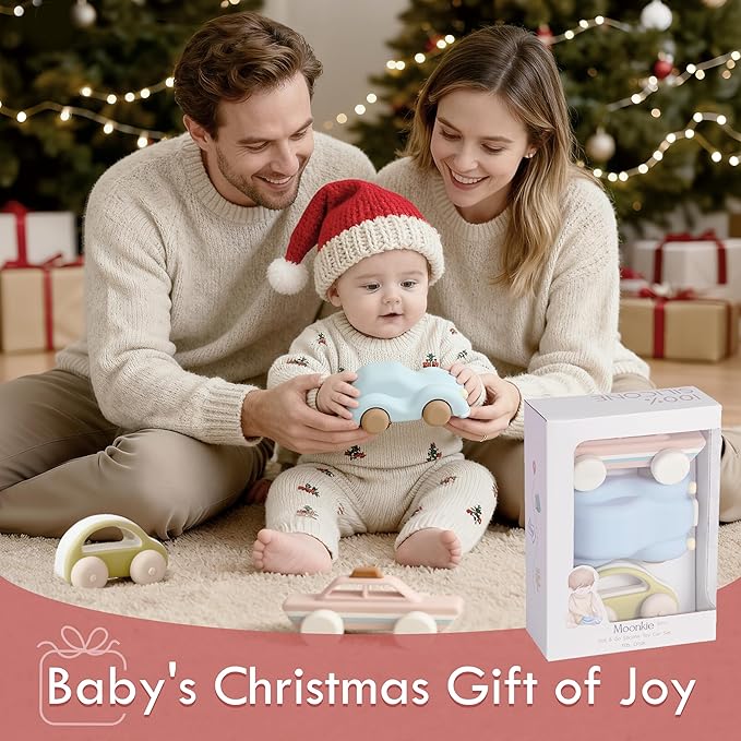 Moonkie Food Grade Silicone Toy Cars for Toddlers 1-3, Push and Go Baby Car Toys 6-12 Months+, One-Piece Design Infant Toys, Birthday Gifts for 1 Year Old Boy Girl, Easy to Clean & Grasp, 3 Pack