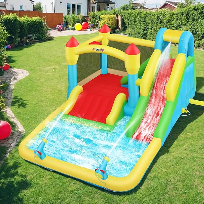 AKEYDIY Bounce House Water Slide, Inflatable Water Slide Park with with Long Slide, Pool, Climbing Wall, Water Gun for Outdoor, Blow up Water Slides Bounce House Castle for Kids Backyard Party Gifts