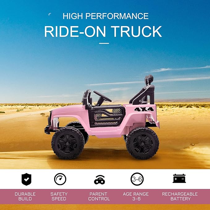 Aosom 12V Kids Ride On Truck with Parent Remote Control, Battery Powered Electric Car with Spring Suspension, Adjustable Speed, LED Lights and Horn, Pink