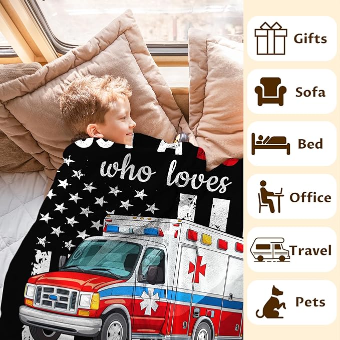 Ambulance Blanket for Boys - 50x60 Inches Cute Throw Blanket Gifts for Kids Truck Lovers - Just a Boys Who Loves Ambulances Blankets for Sofa Couch Bed Travel