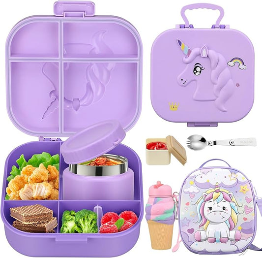 Kids Lunch Box Set -12oz Insulated Food Jar, Thermal Bag,Leakproof Lunch Food Containers Cutlery (BPA Free)-Gift for Girls/Boys Age 3-10 (Purple+Purple Jar)