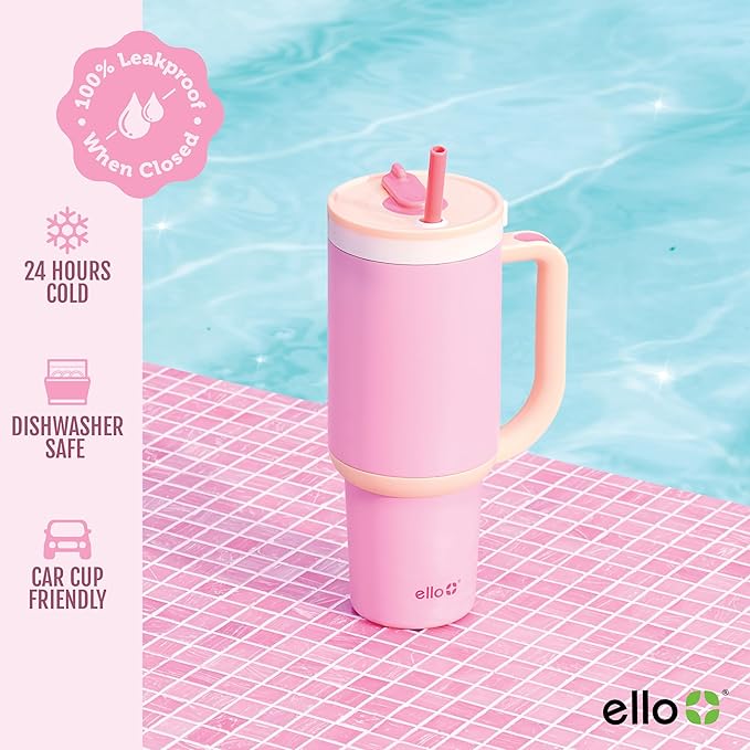 Ello Oasis 40 oz Tumbler with Handle & Retracting Straw | Reusable Insulated Stainless Steel Cup 100% Leakproof, Gifts for Teens Women Men | Keeps cold for 20 Hours, Cup Holder Friendly, Sunrise Glow