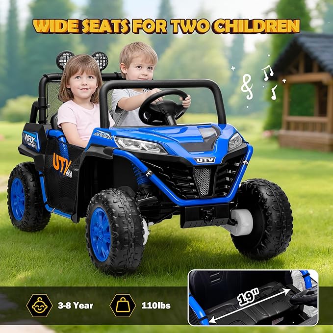 2 Seater 24V Ride On Toys for Big Kids, Electric UTV Car with Remote Control, 4-Wheeler Suspension, Side by Side Vehicle Max 110lbs, Soft Start, Bluetooth, Lights, Ride on Truck Kids 3 Years+, Blue