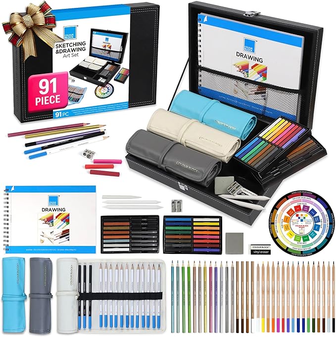 COLOUR BLOCK 91pc Drawing Pencil Set, Sketching, Coloring, Charcoal Pencils, Soft Pastels, Sketch Book, Travel Friendly Art Supply Kit for Kids Teens and Adults