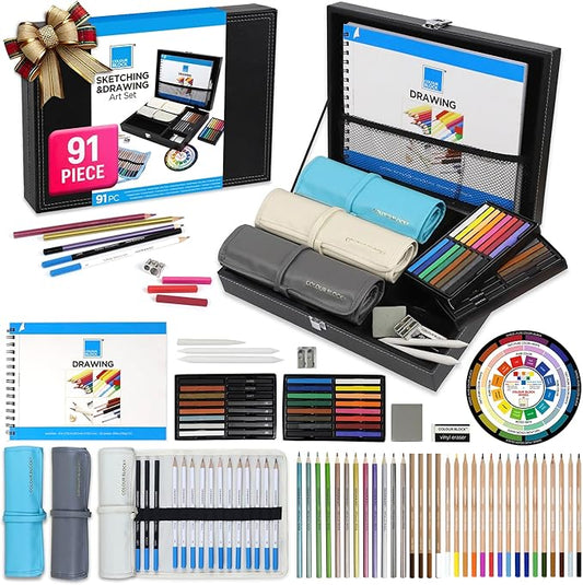 COLOUR BLOCK 91pc Drawing Pencil Set, Sketching, Coloring, Charcoal Pencils, Soft Pastels, Sketch Book, Travel Friendly Art Supply Kit for Kids Teens and Adults