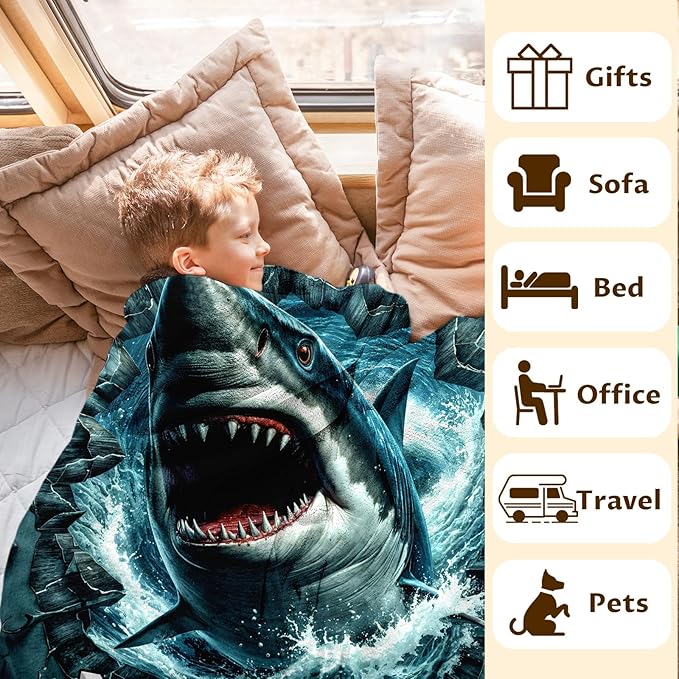 Shark Blanket for Boys Personalized Kids Throw Blankets Gifts for Teens Shark Lovers - Soft Lightweight Cozy Custom Stuff Throw 4 Sizes for Sofa Chair Bed Office Home Decor All Seasons