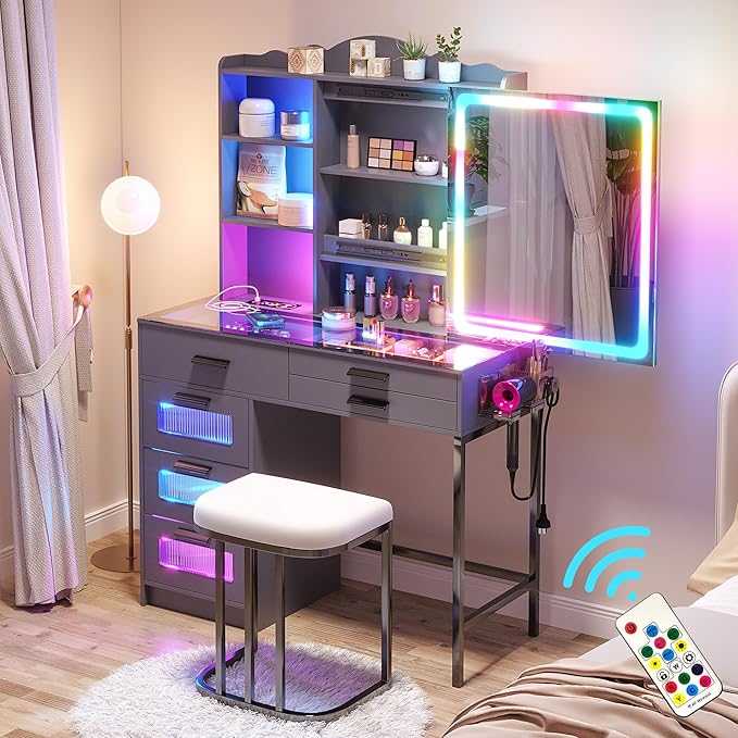 HENBC Vanity Desk with Sliding Mirror and Glass Desktop, LED Vanitys Mirror with RGB Lights Desk and Chair, Dressers Table Set with Charging Station/Makeup Organizer/6 Drawers for Bedroom(Grey)