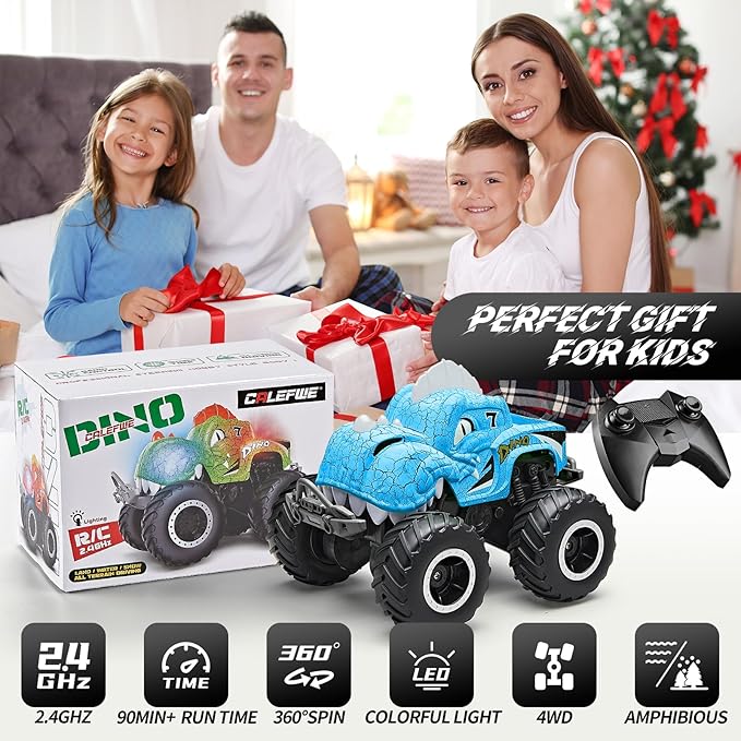 Amphibious Monster Truck Toys, 1:20 Waterproof Dinosaur Monster Trucks for Boys Age 4-7, 2.4GHz All Terrain RC Cars with 2 Batteries, 360° Rotating Stunt RC Car Toy Birthday Gift for Kids 3-5